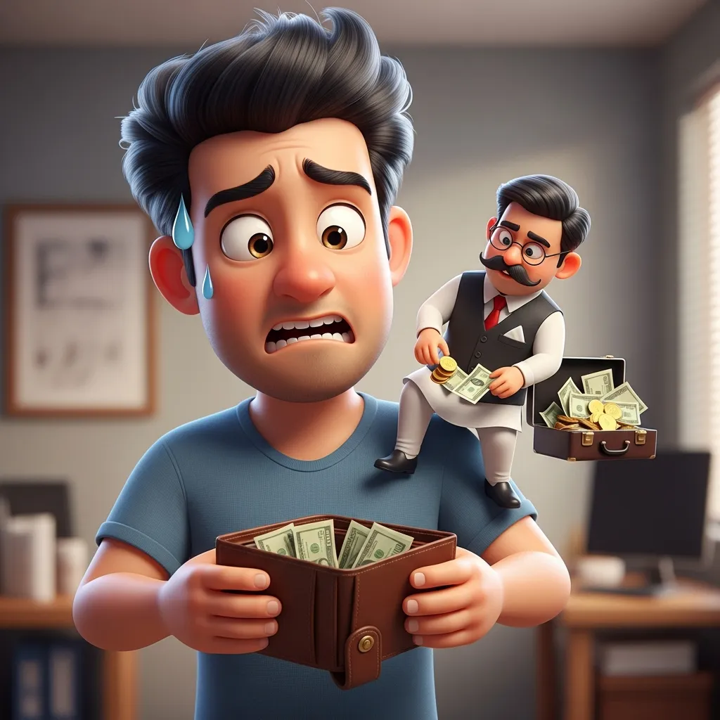 Funny cartoon of broker stealing money